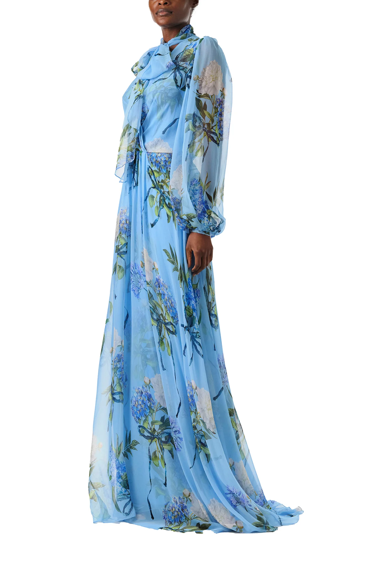 Floral Printed Chiffon Long Sleeve Gown - Image 3