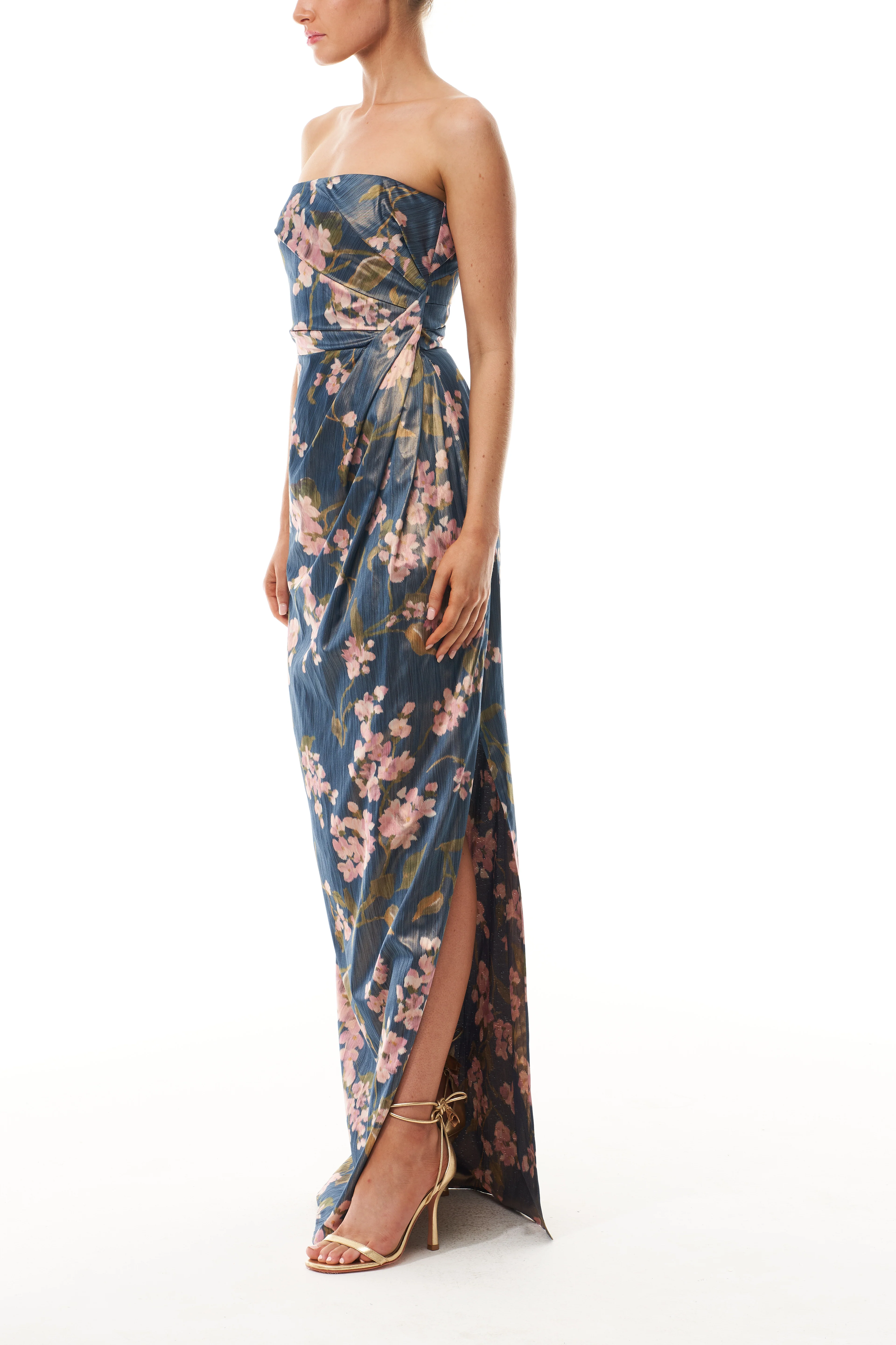 Draped Floral Strapless Column Gown - Image 3