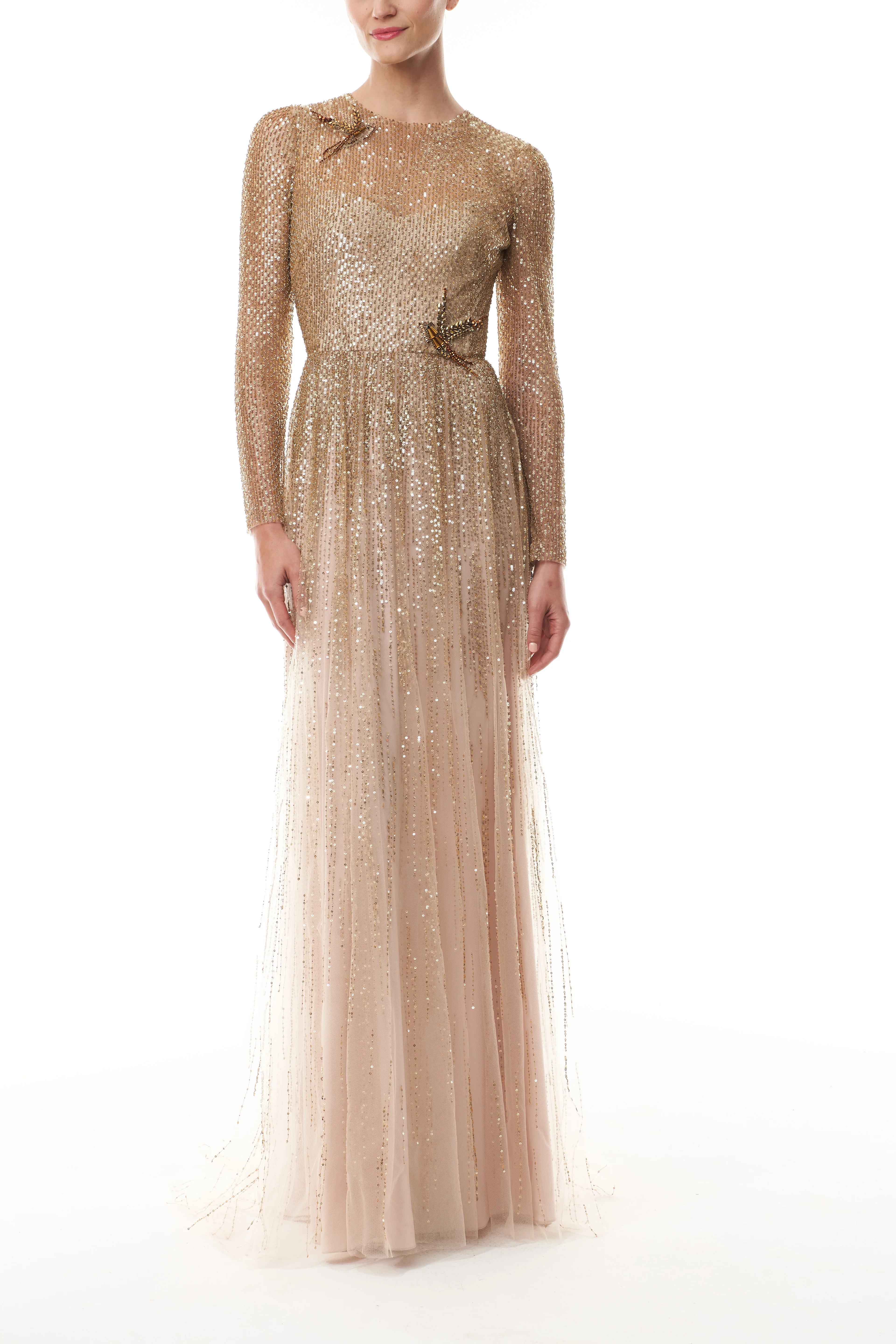 Gold Embroidered Long Sleeve Gown