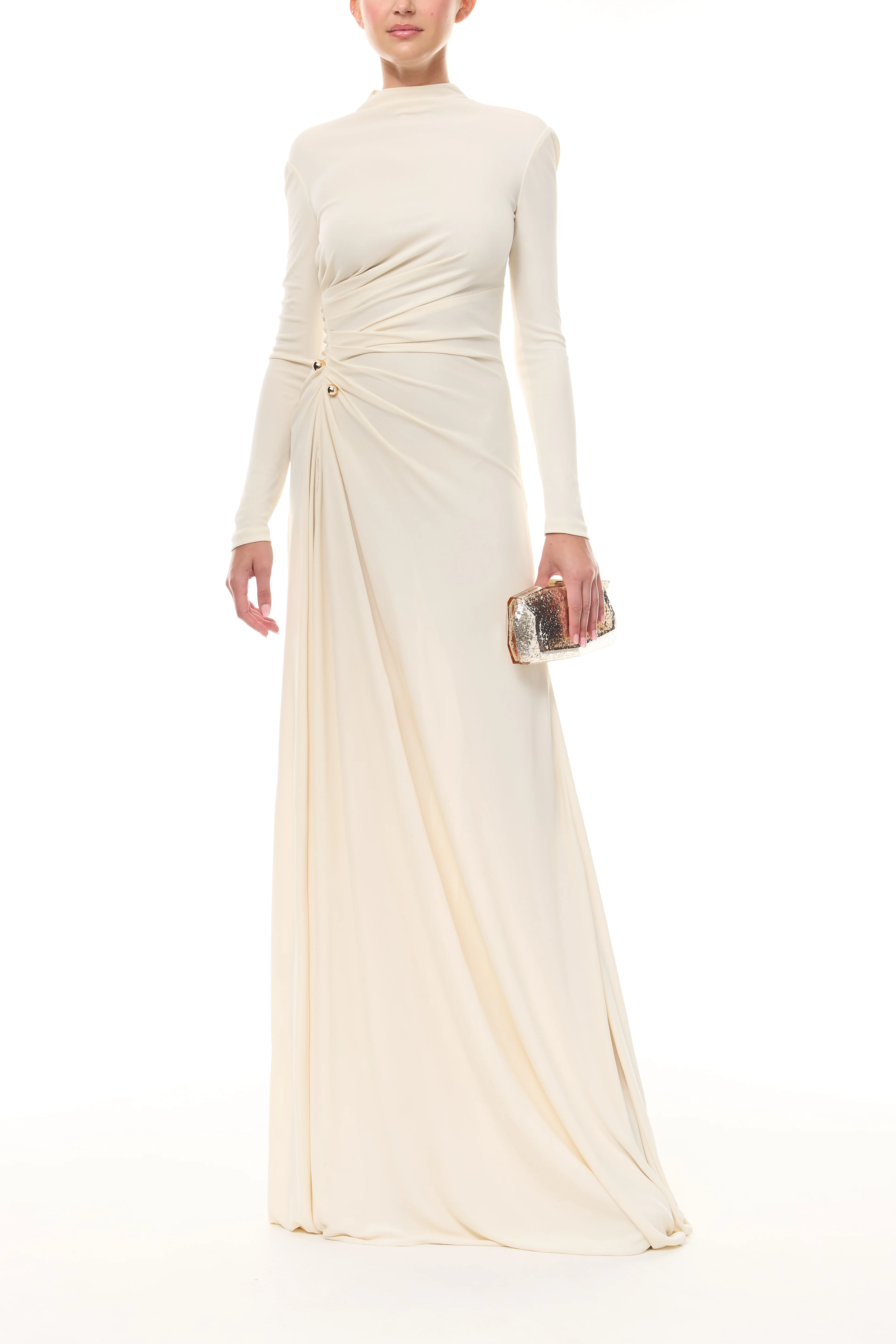 Ivory Long Sleeve Draped Gown - Image 5