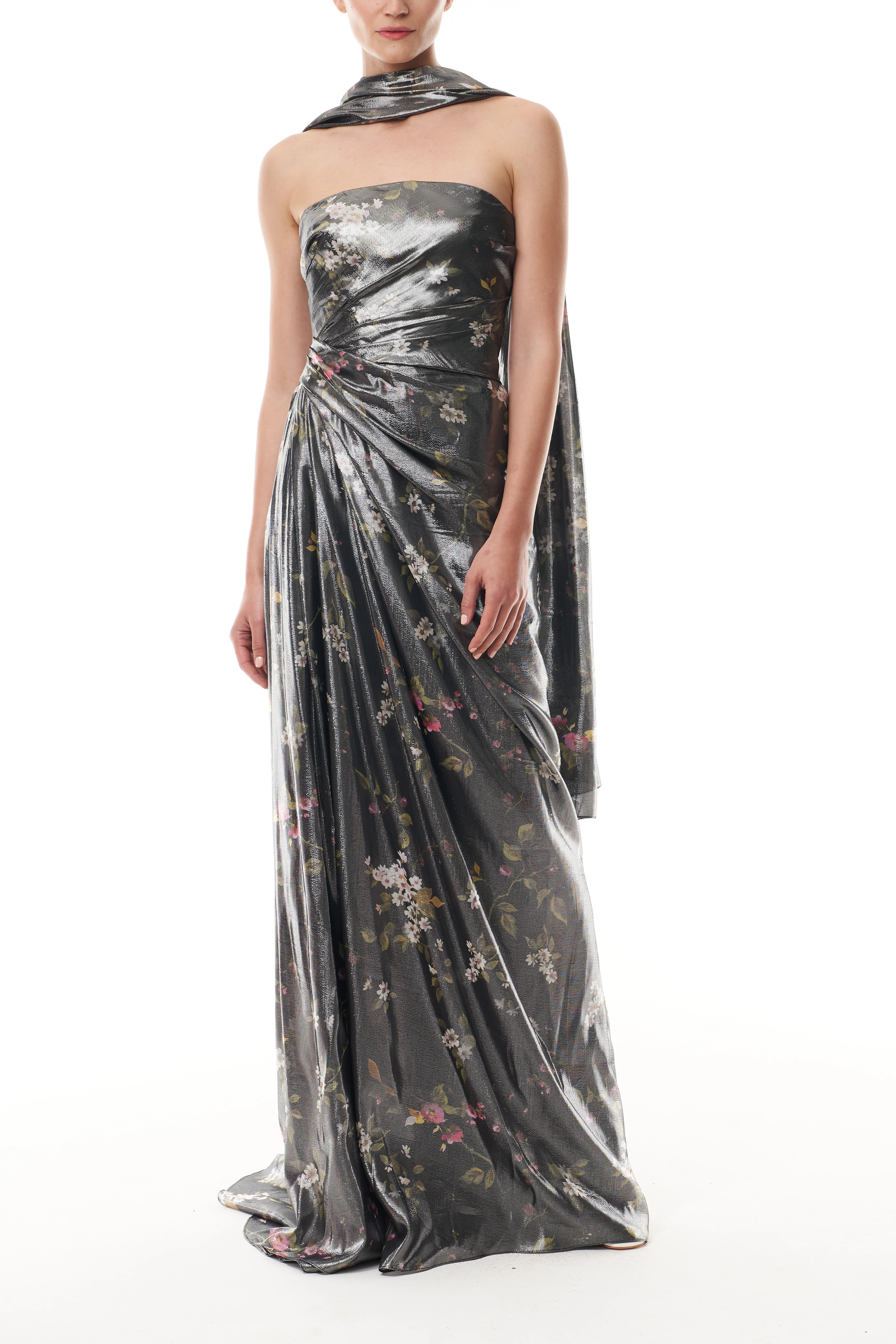 Metallic Floral Draped Gown