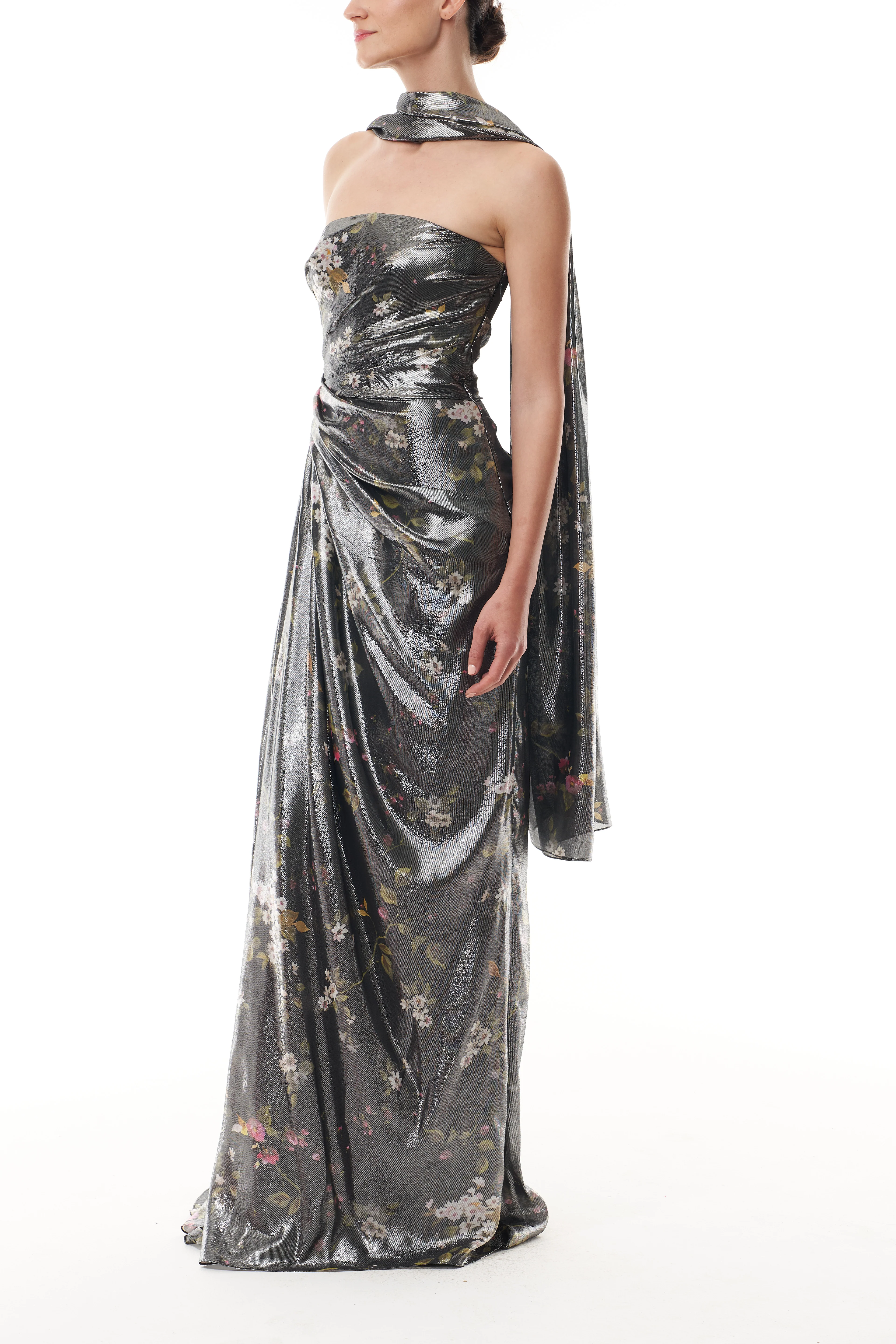 Metallic Floral Draped Gown - Image 3