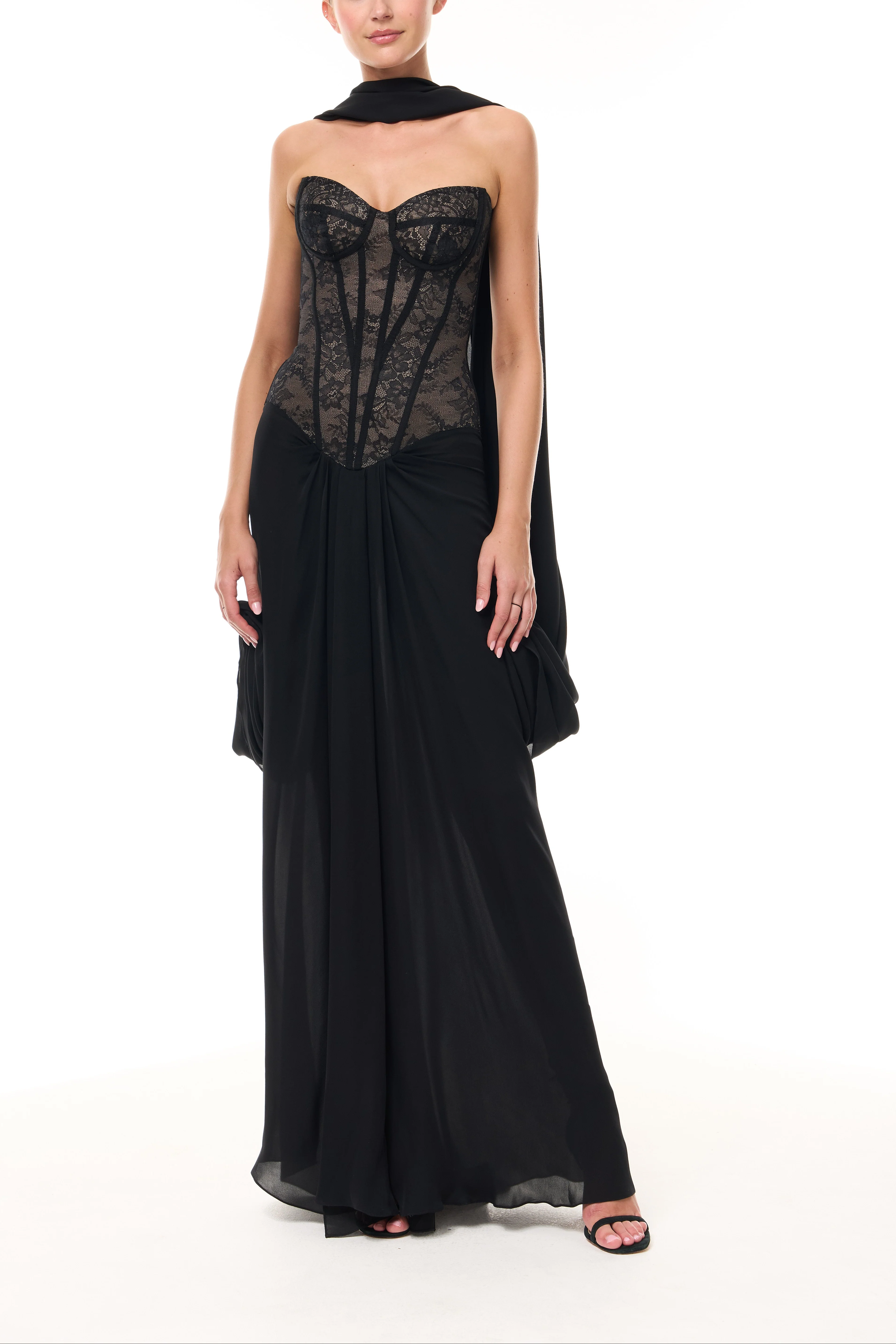 Lace Corseted Gown with Chiffon Shawl