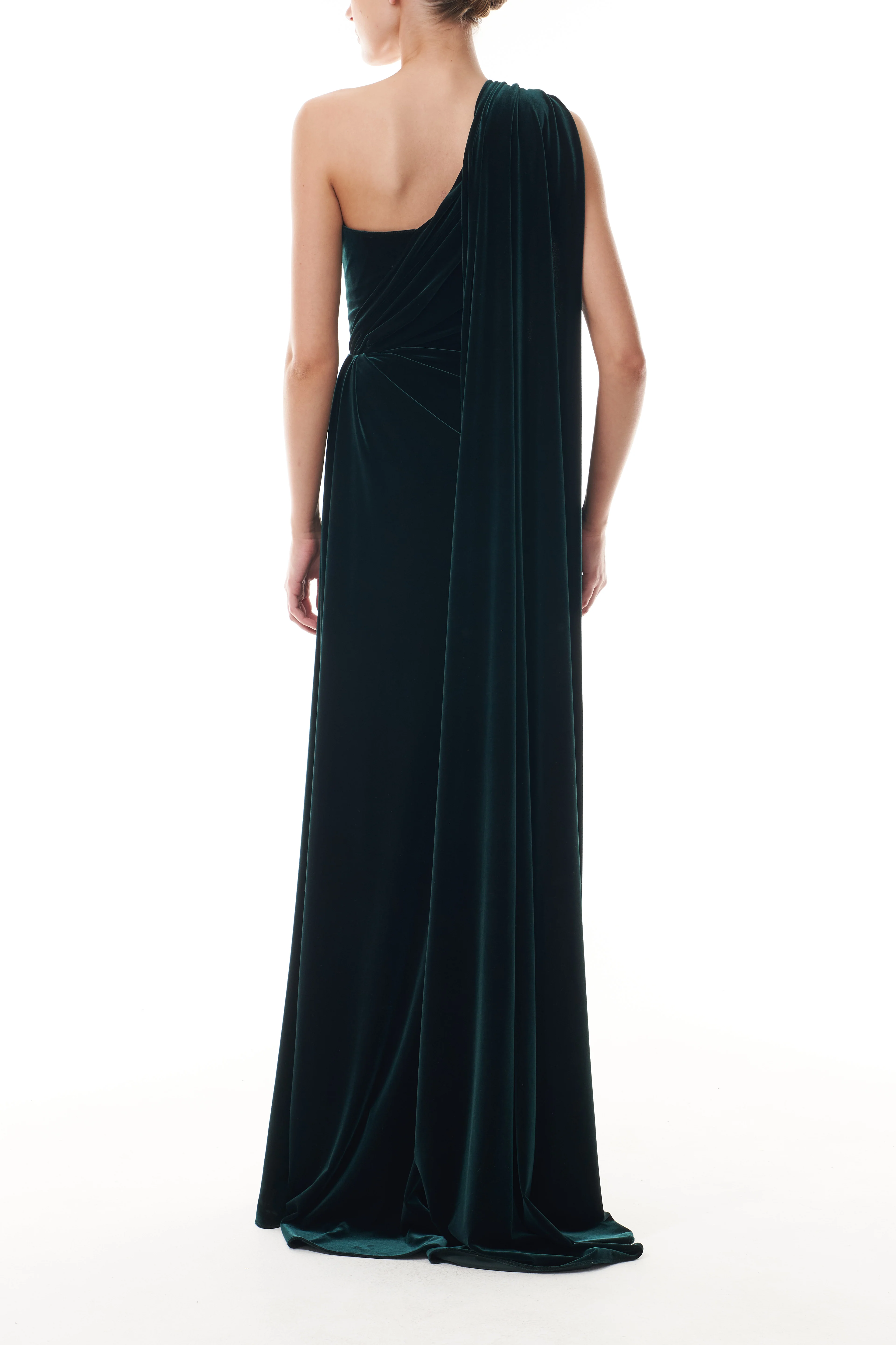 One Shoulder Deep Green Velvet Gown - Image 6