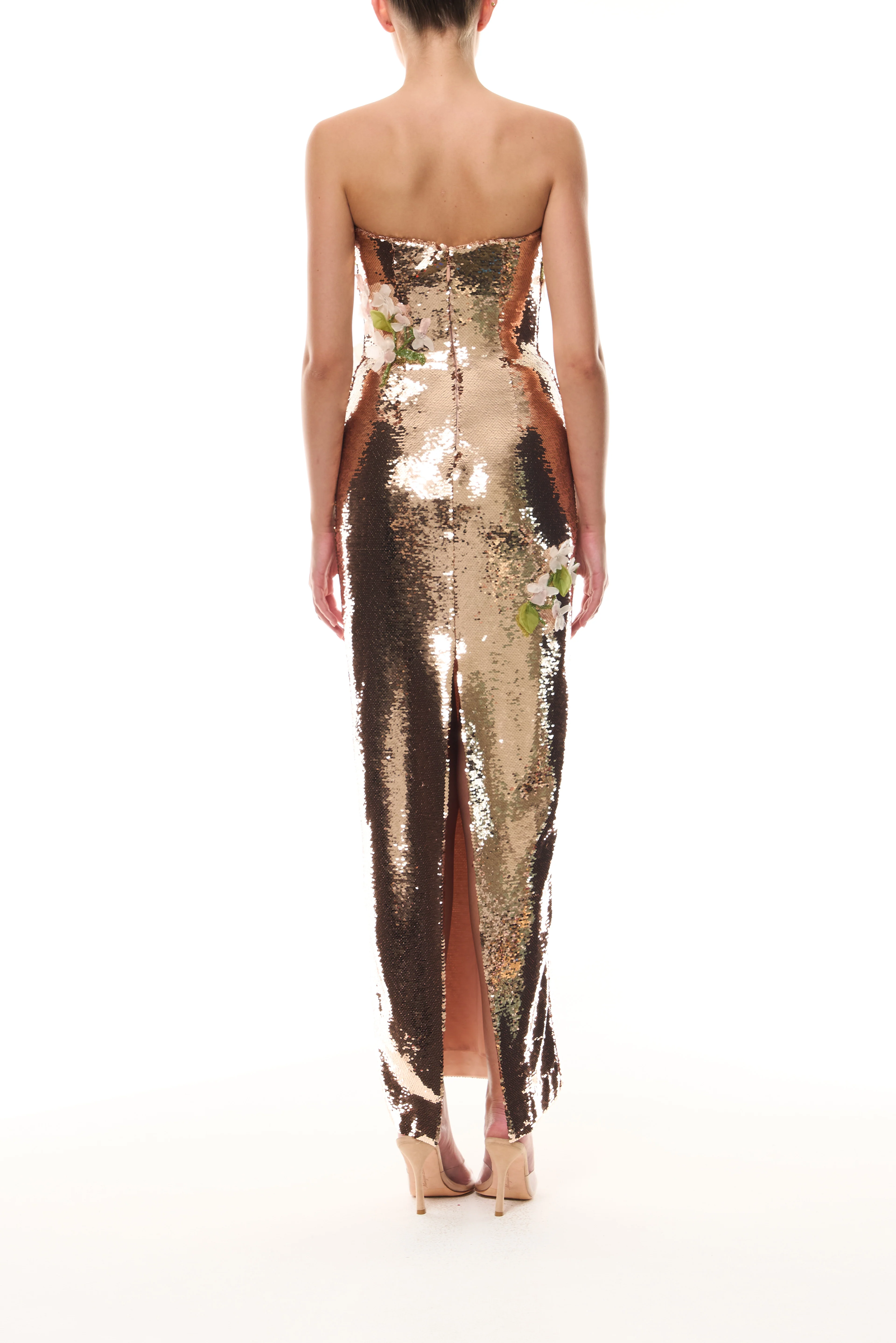 Rose Gold Floral Sequin Column Gown - Image 7