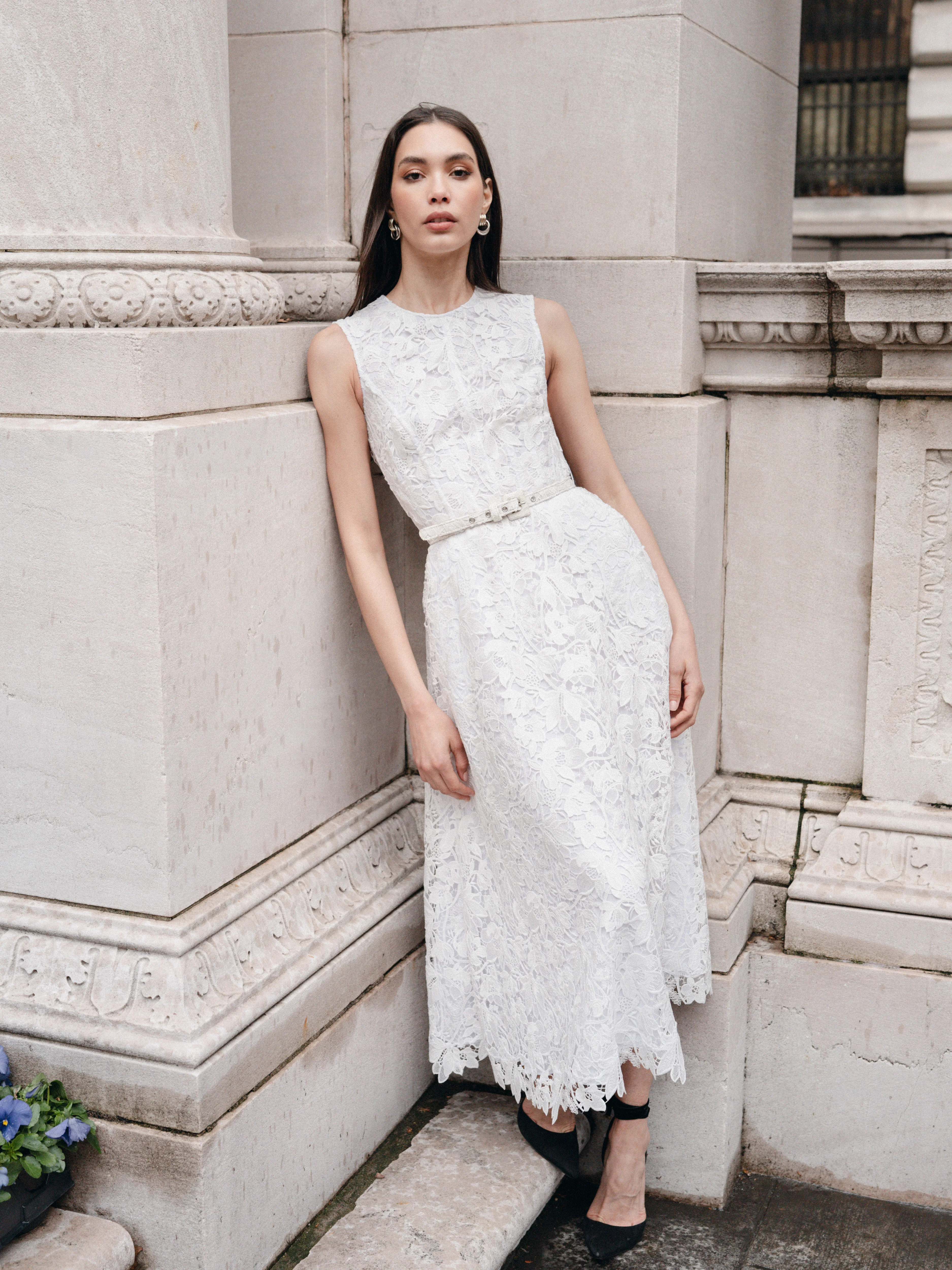 Silk White Belted Lace Dress - Image 2