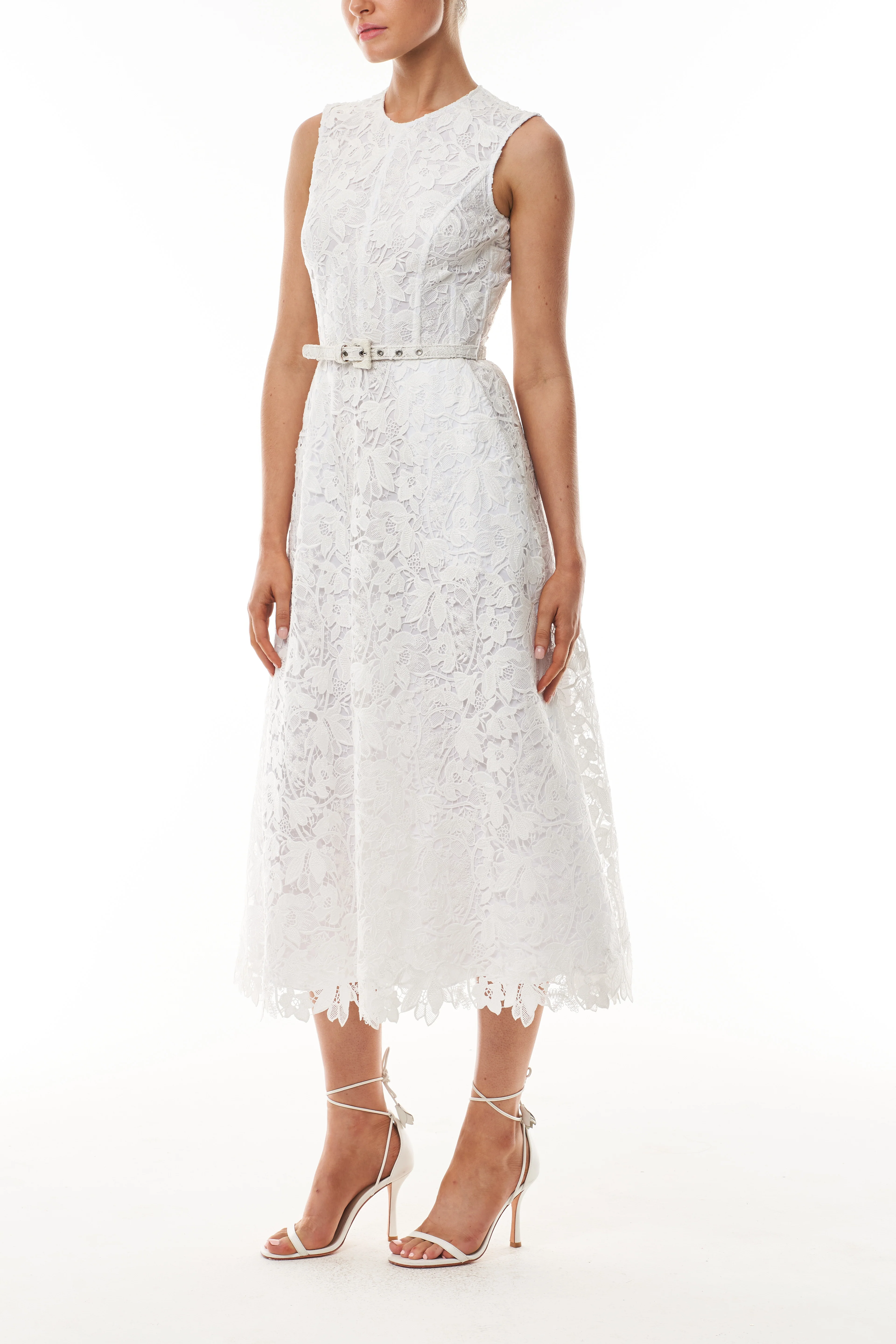 Silk White Belted Lace Dress - Image 5