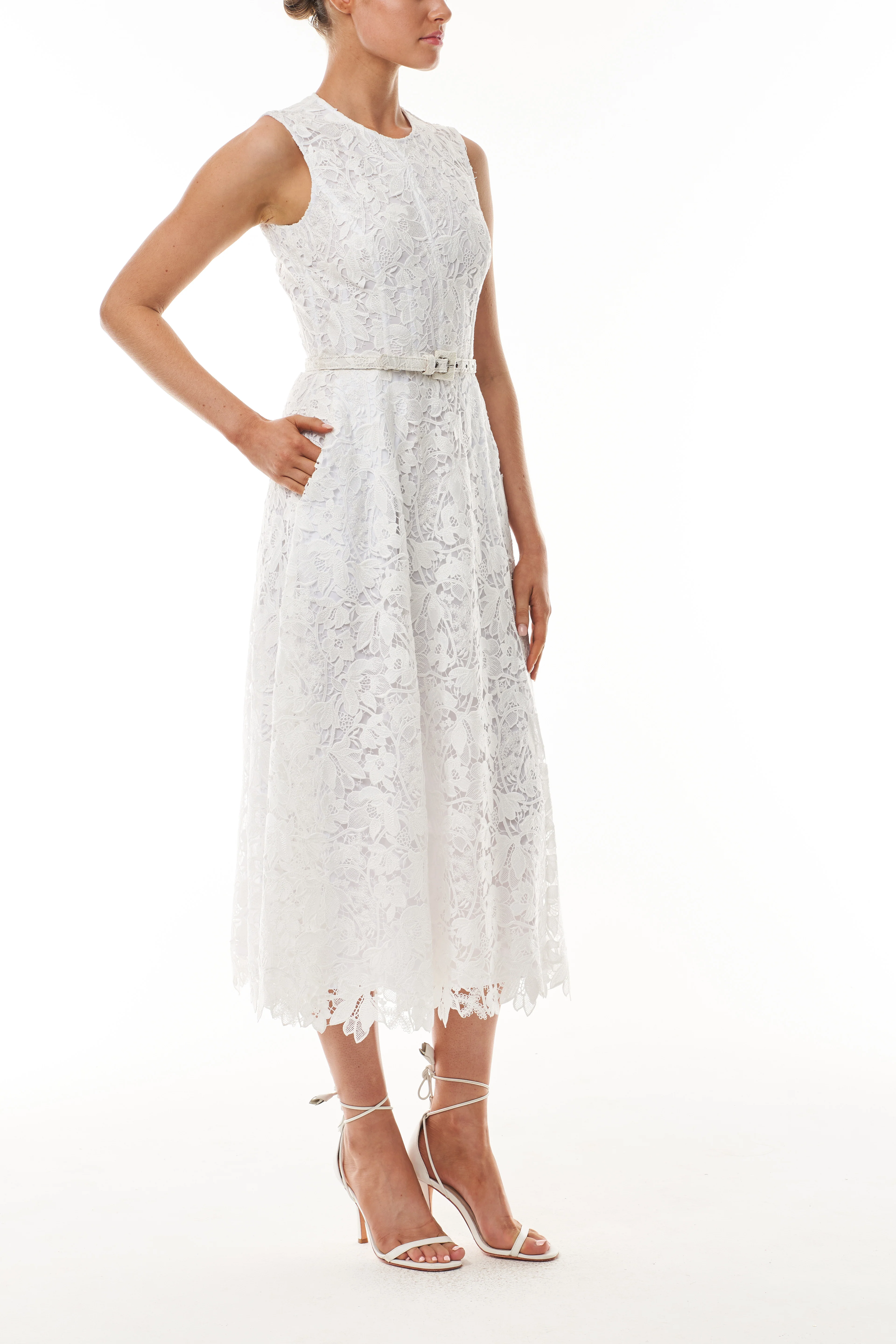 Silk White Belted Lace Dress - Image 6