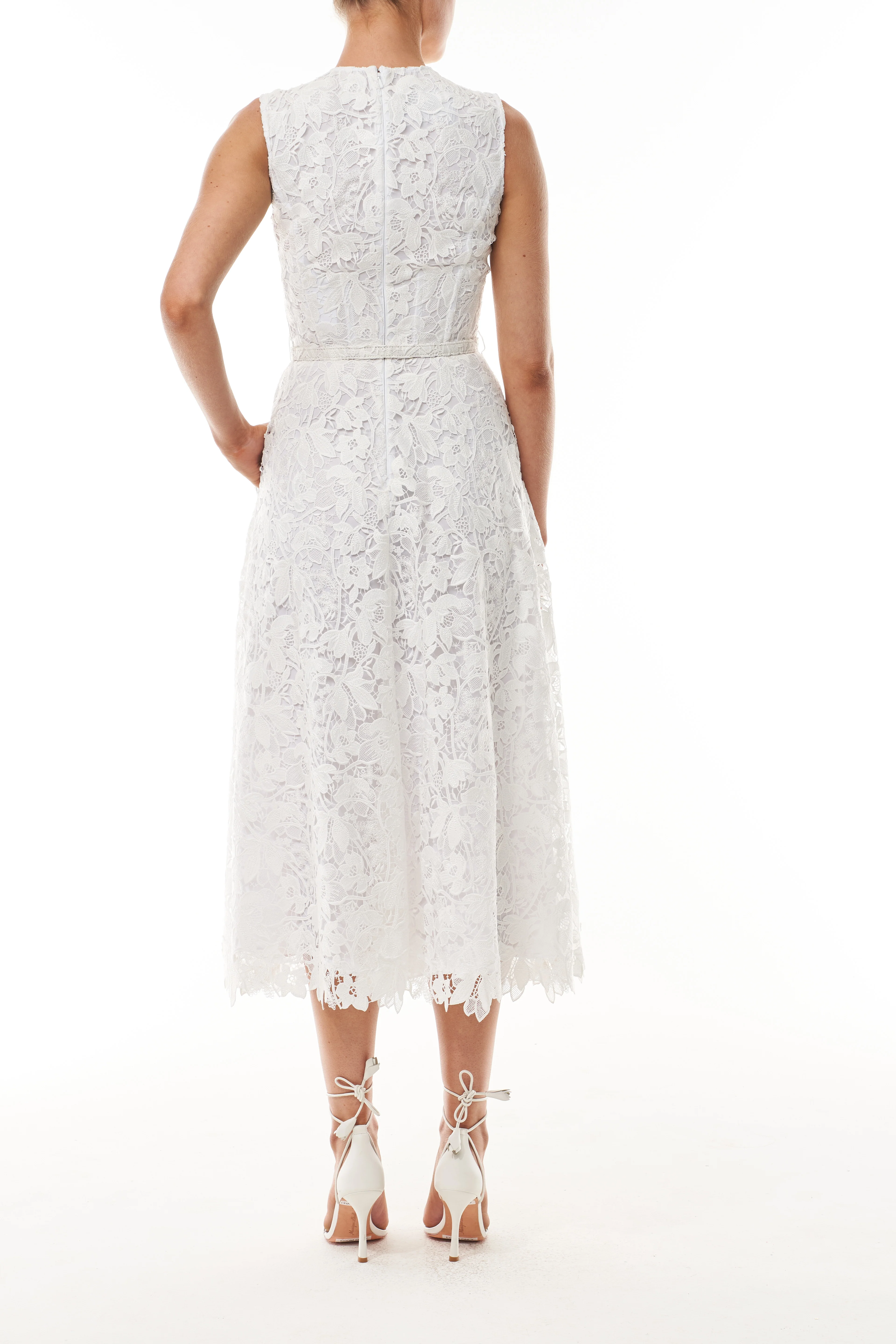Silk White Belted Lace Dress - Image 7