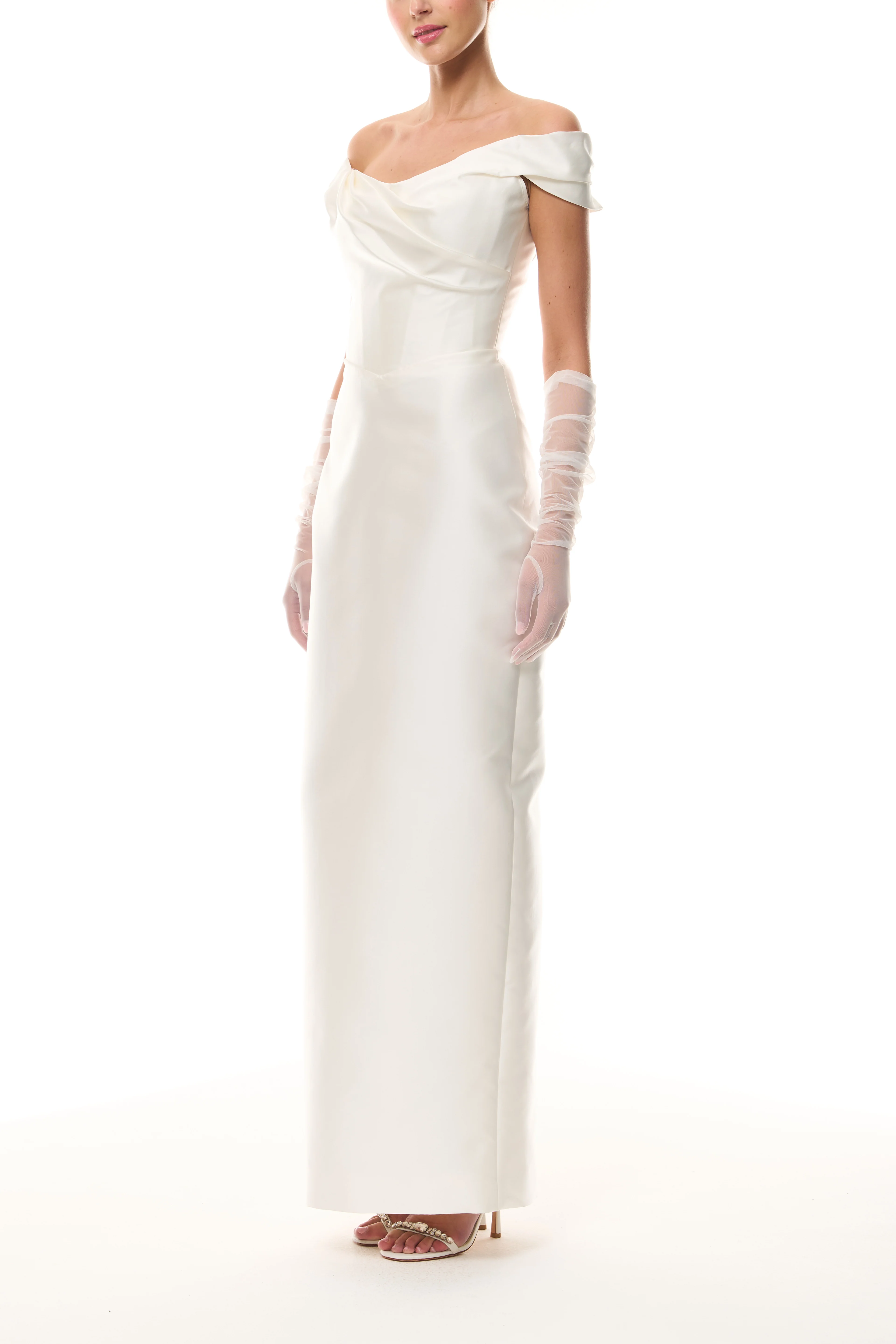 Silk White Off-The-Shoulder Column Gown - Image 3