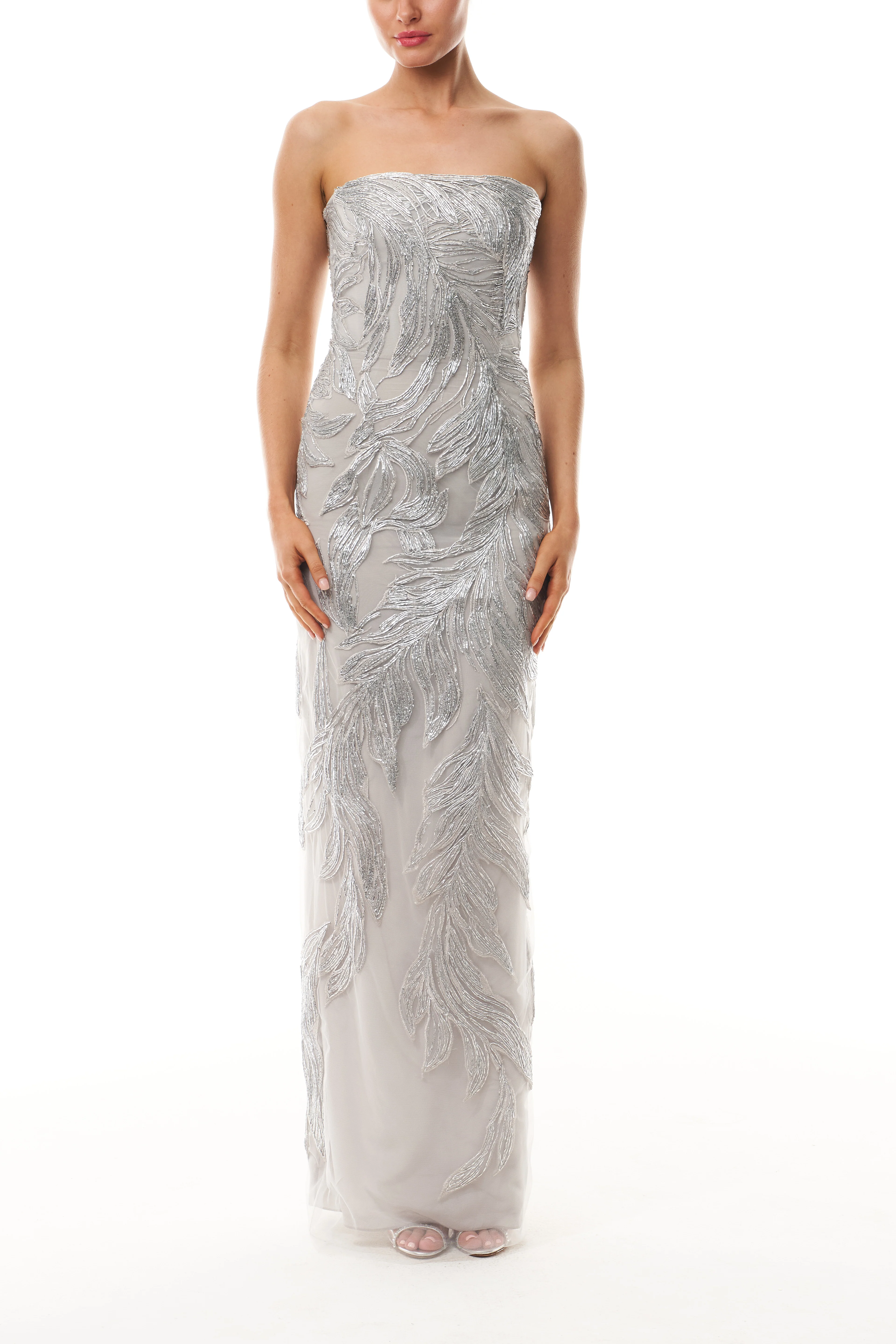 Silver Feather Column Gown