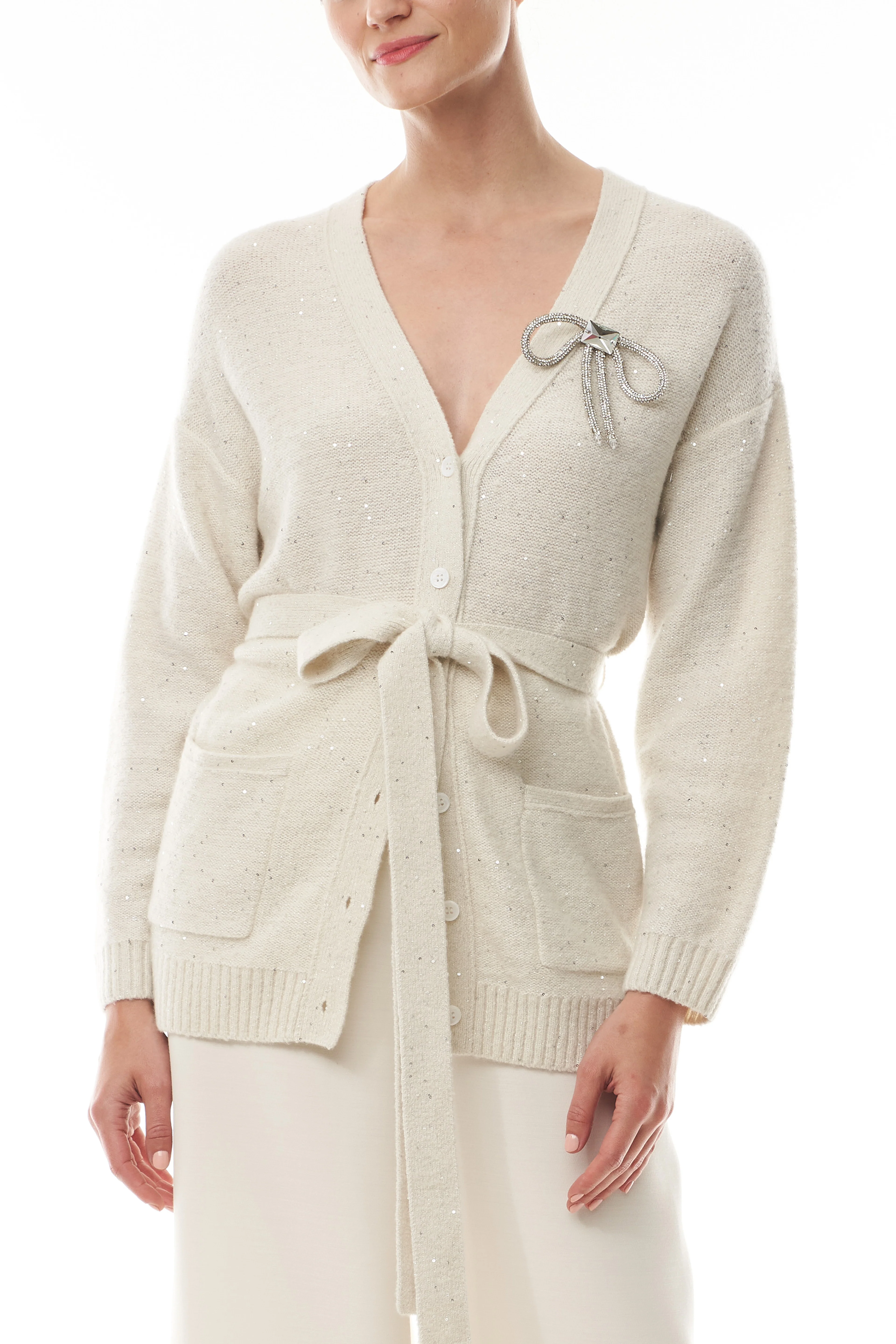 Sparkle Cardigan With Bow Brooch